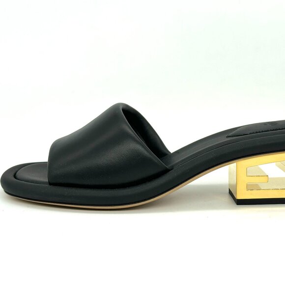 FENDI Baguette Cutout FF Logo Heel Wide Band Slide Mule Sandals Shoes Black - Picture 3 of 16